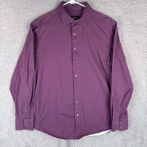 Bugatchi Dress Shirt Men XL‎ Burgundy Navy Stripe 8 Way Stretch Button